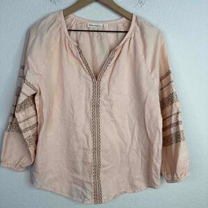 Roller Rabbit Shirt Womens Small Pink Linen Blend Embroidered Peasant Boho Top‎